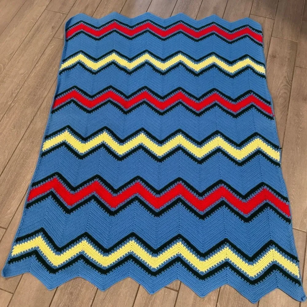 Blue Red Yellow Chevron Afghan Throw Blanket Handmade 55x52
